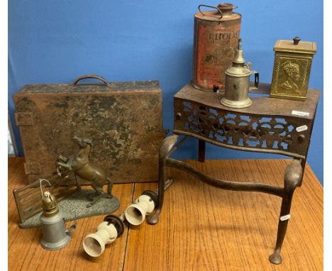 19th century steel footman, brass coronation tea caddy and other metal ware (2)