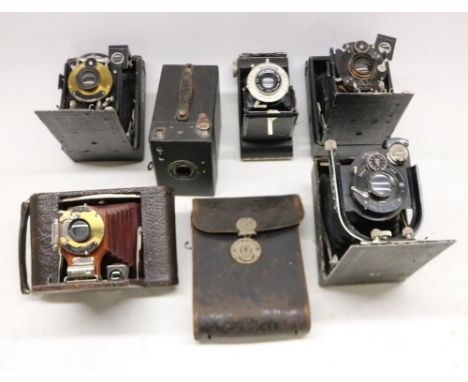 Eastman Kodak No.2 Folding Pocket Kodak Model C camera; two Folding Klito cameras; Nagel folding camera; Six-20 Folding Brown