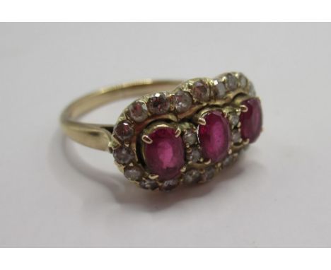 Yellow metal ruby and diamond triple cluster ring, size L, 3.26g
