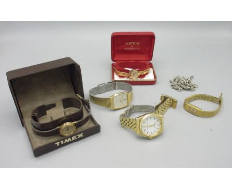 Montine lady's gold plated wristwatch on integrated bracelet with original box and instructions, D17.2mm; four other watches 