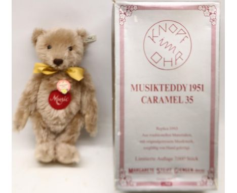 Steiff Music Teddy 1951 replica teddy bear, H30cm, brown mohair, with box