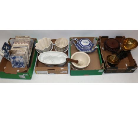 Collection of Delft and other tiles, Victorian jelly moulds, Avery scales, pestle and mortar, Chinese wooden vase/urn stand, 
