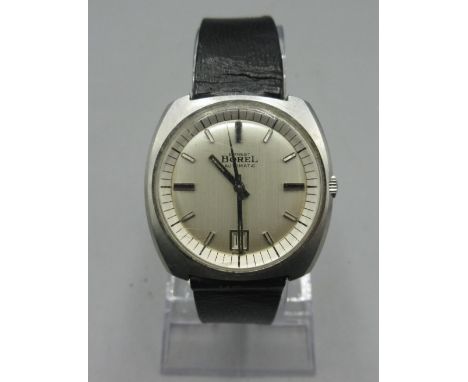 Ernest Borel stainless steel automatic wristwatch with date, signed silver sunburst dial, applied baton indices, centre secon