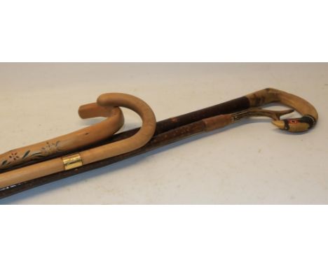 20th Century ash walking stick, horn handle carved in the form of a cock pheasant with stained detailing, H127cm; beech walki