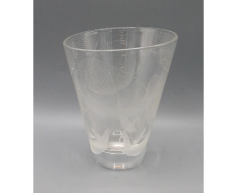 Vicke Lindstrand for Kosta Boda vase, featuring engraved fisherman and fishing nets, H15.5cm