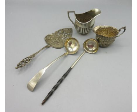 Georgian silver monogrammed sauce ladle in fiddle pattern by David McDonald, Glasgow 1826, Danish silver cake server stamped 