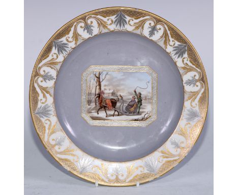 A Meissen cabinet plate, painted to centre with a horse drawn sled in snowy landscape within a canted rectangular reserve, on