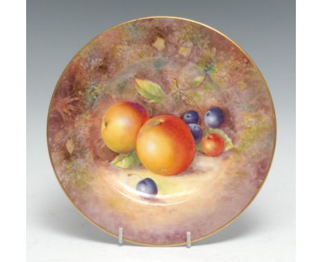 A Royal Worcester shaped circular plate, painted by J Cooke, signed, with apples on a mossy ground,   19.5cm diam,  printed m