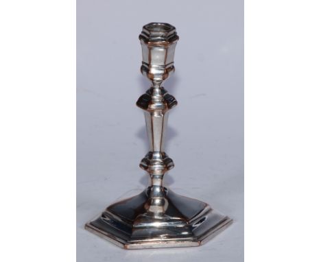 A George III Old Sheffield Plate hexagonal taper stick, knopped pillar, domed base, 13cm high 