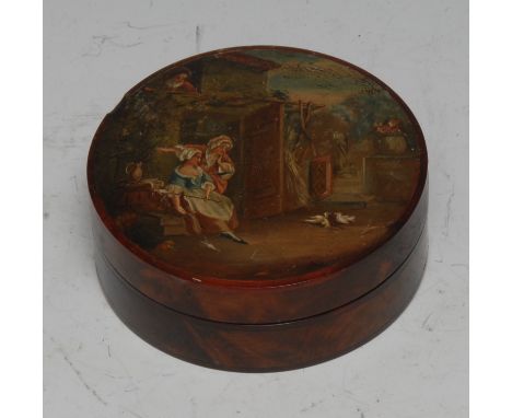 An early 19th century French Vernis Martin and burr circular snuff box, the push-cover painted with a rustic tableau, 8cm dia