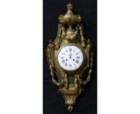 A 19th century French Belle Epoque ormolu Cartel wall clock, 15.5cm circular enamel dial with Roman and Arabic numerals, twin