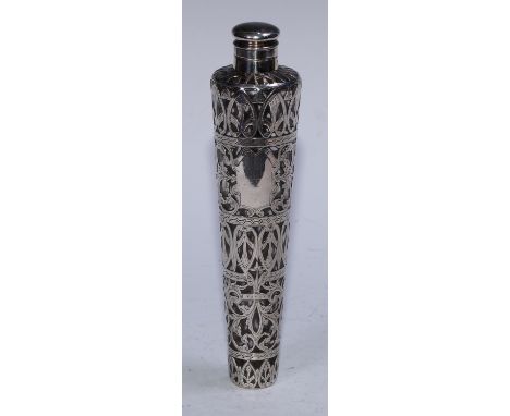 A late Victorian silver mounted conical flask, the sleeve pierced and engraved with scrolling foliage,  21.5cm long, London 1