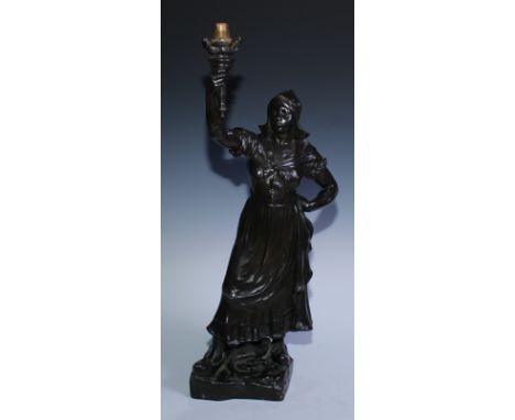 Louis Frederick Roselieb (Roslyn), An Edwardian bronze electrotype figural table lamp, as a Dutch lady holding a flaming torc