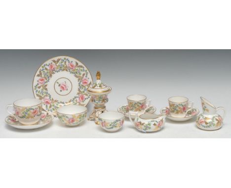 A  Sampson Hancock King Street Derby part service painted with roses and forget-me-nots, comprising teacup and saucers, two c