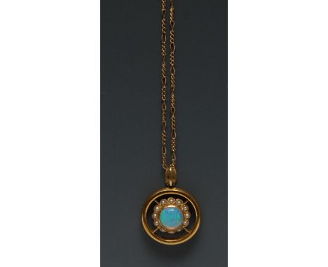 A 22ct gold wedding band, centred with a opal and seed pearl flower, now as a pendant, on chain, 10.1g 