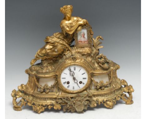 A Louis XVI gilt-metal and porcelain-mounted mantel clock, 8cm white enamel dial inscribed Rollin, A Paris, Roman numerals, t