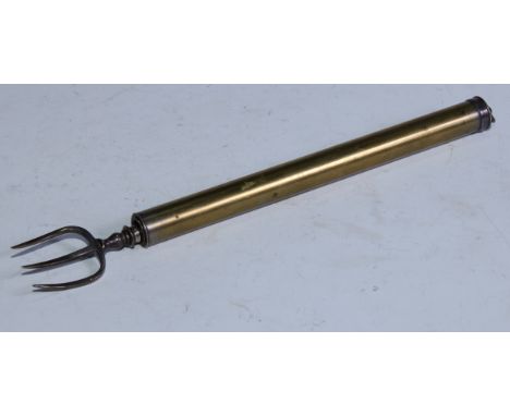 A George III silver, Old Sheffield Plate and brass telescopic toasting fork, 25cm extending to 66cm long, the prongs marked L