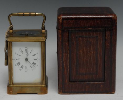 A late 19th century lacquered brass repeater carriage clock, 6cm white enamel rectangular dial inscribed with Roman and Arabi