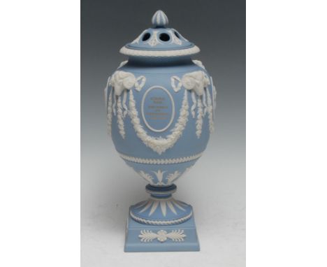 A Wedgwood The Etruria Collection Vase 2000, applied in relief with Etruria Hall, portrait busts, ram's head and swags, 27cm 