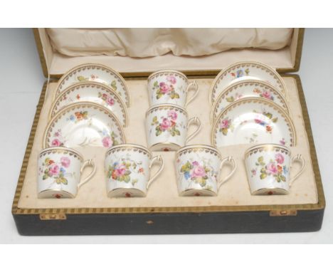 A set of six Royal Crown Derby  coffee cups and saucers, painted by Cuthbert Gresley, signed with roses and other flowers, pr