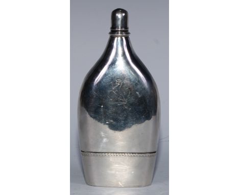 A George III silver pocket hip flask, screw-fitting cover, stirrup cup to base, 17.5cm long, maker IH, London 1777, 208g 