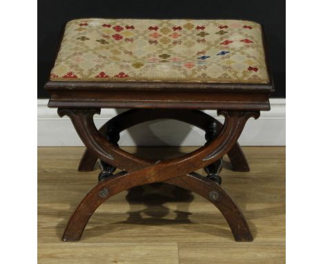 An early Victorian rosewood X-frame stool, stuffed-over upholstery, turned stretchers, 37.5cm high, 48cm square, c.1840 