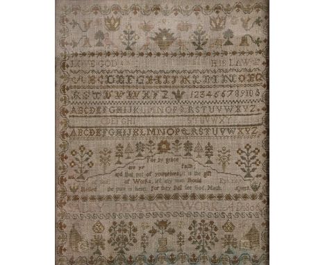 A George III rectangular needlework sampler, Sally Demain's Works/A.D. 1806, typically embroidered with graduating alphabets,