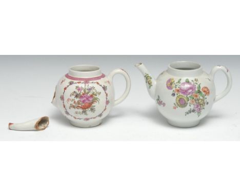 A Lowestoft globular teapot, Curtis style, decorated in the famille rose palette, 14cm high, c.1780;   another, Worcester, in