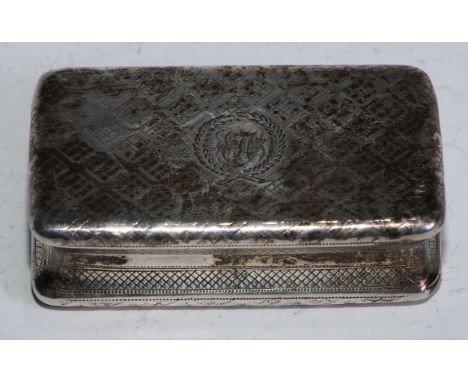 A George III silver rounded rectangular snuff box, bright-cut and wrigglework engraved overall with diapers, hinged cover, gi