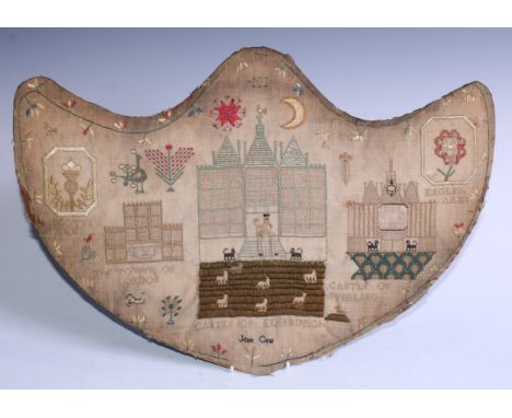 An unusual George III batwing sampler, by Jean Caw, of Scottish interest, worked in coloured threads with the Scotts arms, th