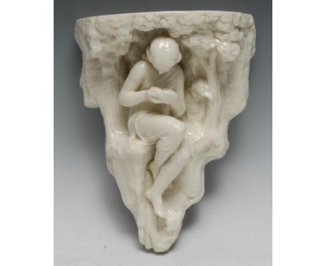 A Royal Worcester figural wall bracket, moulded with a girl seated below a tree, in the white, 24cm high, c.1850 