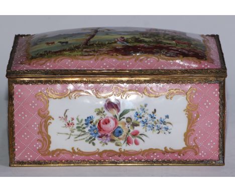A late 18th/early 19th century unusually large gilt brass mounted Staffordshire enamel rectangular box, the domed cover decor