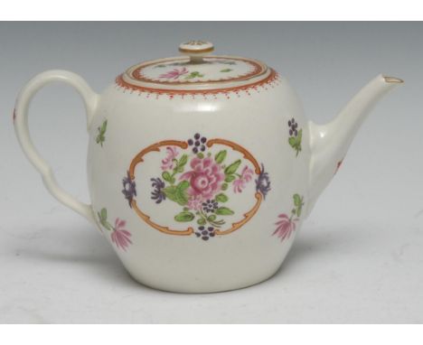 A Worcester globular teapot and cover,  painted in Chinese export style with flowers in an oval panel, flat cover, button fin