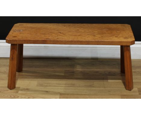 Mouseman and the Yorkshire Critters - an oak stool or coffee table, adzed canted rectangular top with carved Yorkshire rose s