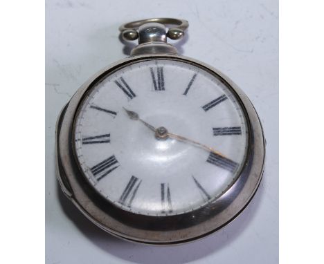 An early Victorian silver pair cased verge fusee pocket watch, by William Budge, Callington, 4.5cm enamel dial inscribed with