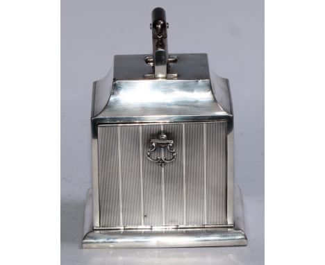 A George V Art Deco period silver smoker's table-top companion, the combination square pedestal surmounted by a mechanical tr