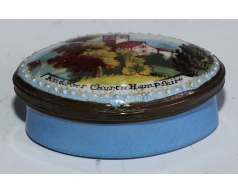 A George III South Staffordshire enamel navette shaped patch box, the hinged cover painted with a named view of Andover Churc