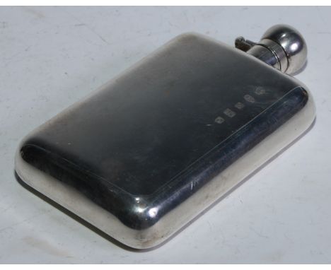 An Elizabeth II silver rounded rectangular hip flask, quite plain, hinged domed bayonet cap, 14cm long, Carrs, Sheffield 2004