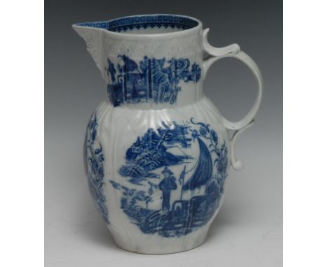 A Caughley Fisherman pattern cabbage leaf moulded jug, mask spout,  25cm high,  c.1785 