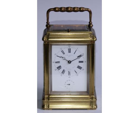 A late 19th century French repeater carriage clock, by Le Roy &amp; Fils, Paris, the 6cm rectangular enamel dial signed and n