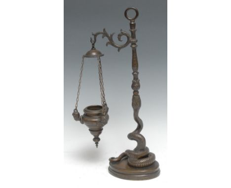 A 19th century Grand Tour brown-patinated bronze lamp and stand, cast in the manner of the Antique, as a coiled snake, the sa