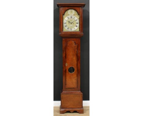 An 18th century walnut longcase clock, 30cm arched brass dial inscribed Peter Vitu, London, Strike/Silent to arch, silvered c