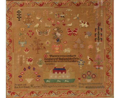 A 19th century needlework sampler, by Harriet Nall, aged eleven years, 1852, worked in coloured threads with Psalm 19:1, a ho