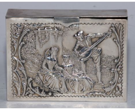 A Victorian silver playing card box, embossed with a musician serenading ladies of the court, to verso with a palatial garden