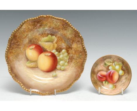 A Royal Worcester shaped circular plate, painted by N Bunegar, signed, with apples on a mossy ground, gilt gadrooned rim,  19