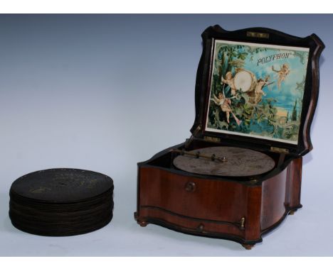 A late 19th century table-top polyphon, playing 20.5cm diameter discs, 16.5cm high, 28.5cm wide, 26.5cm deep 