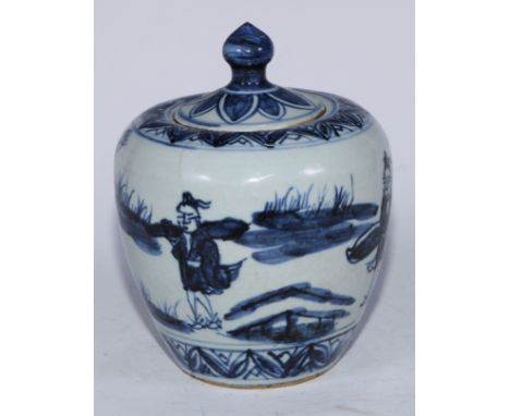 A Chinese ovoid jar and cover, painted in tones of underglaze blue with fishermen, knop finial, 19cm high, 19th century, wax 