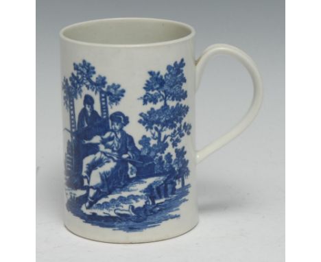 A Worcester cylindrical mug,  printed with La Peche and La Promenade, 11.5cm high, c.1770 