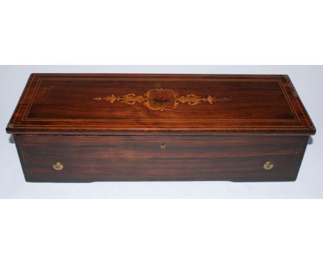 A late 19th century Swiss rosewood, simulated rosewood and marquetry music box, 33cm cylinder playing eight airs on a one-pie