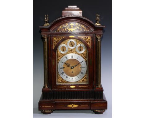 A Victorian rosewood and brass marquetry musical bracket clock, 18.5cm arched gilt brass dial with silvered chapter ring insc